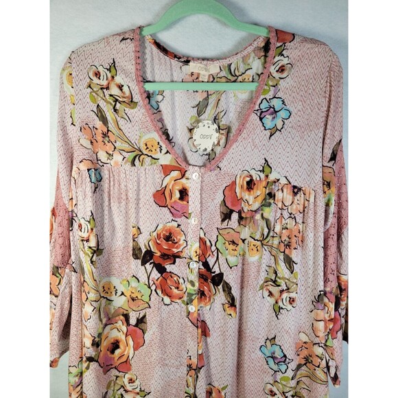 Oddy Top XL Boho Floral Lace Print Flowy Babydoll Blouse 1X Bell Sleeves NWT - Picture 2 of 11